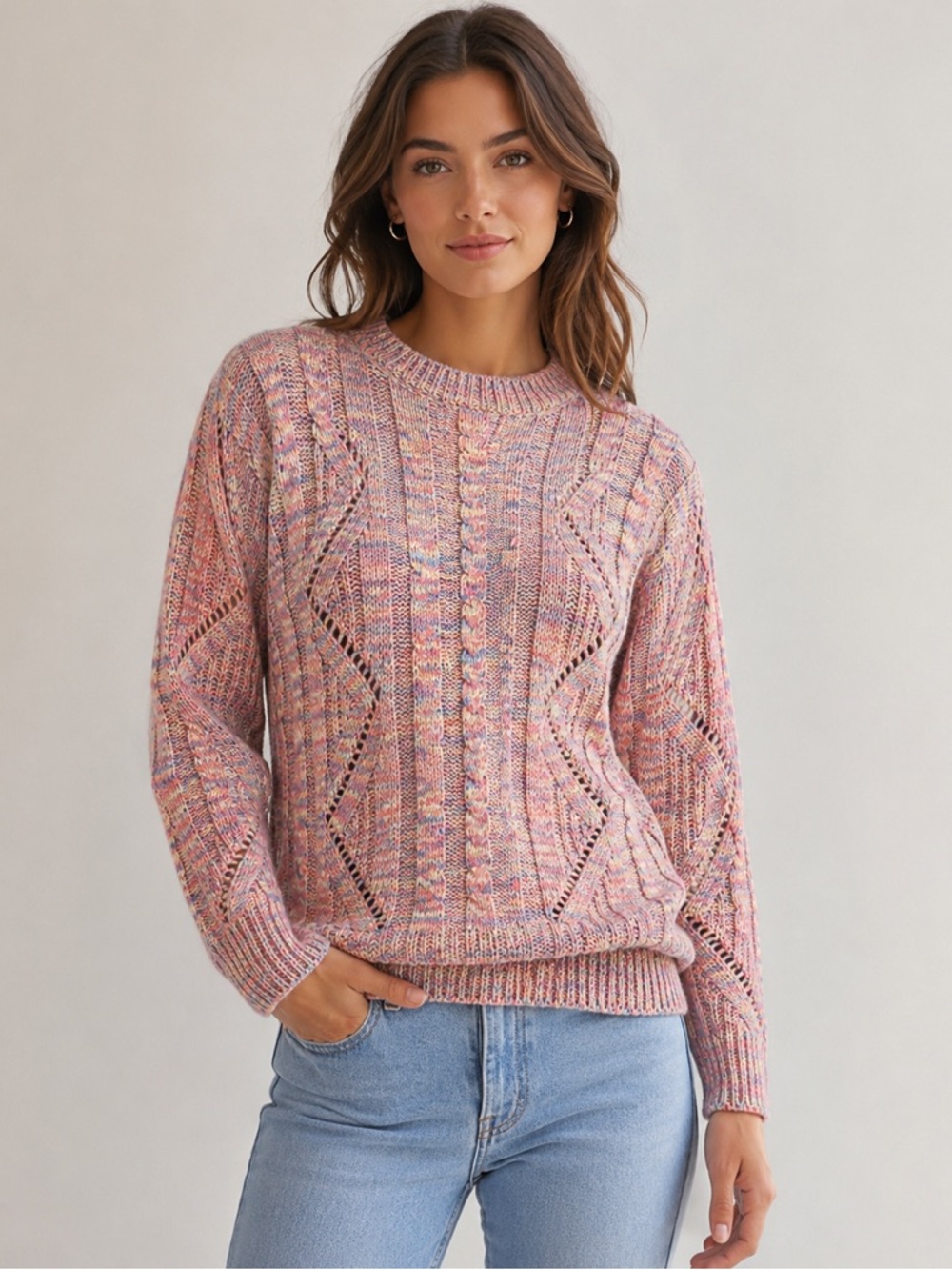 Pink multicolor cable knit sweater yellow blue pullover size medium
